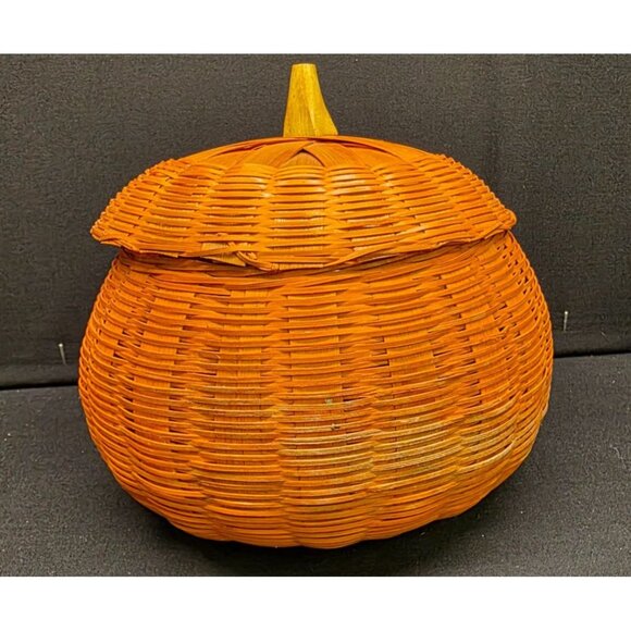 Vintage Primitive Orange Jack-O-Lantern Halloween Decorative Fall Basket w Lid - Picture 5 of 9